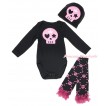 Halloween Black Baby Jumpsuit Light Pink Skeleton Print & Cap & Hot Pink Ruffles Black Pink Skeleton Leg Warmer Set TH621